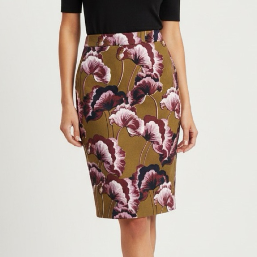 Ann Taylor 0 Green Brown Floral Pencil Skirt